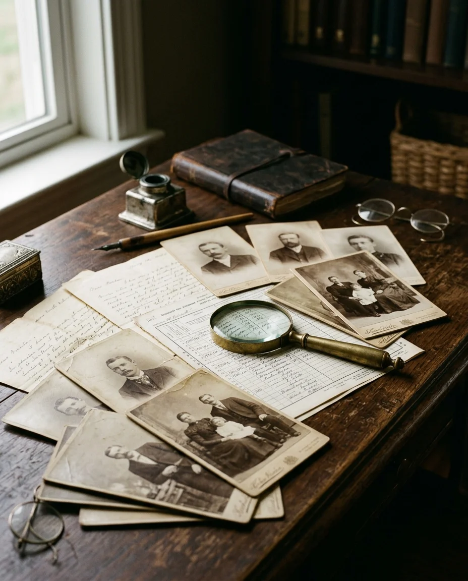 Antique family photographs, handwritten letters, and a brass magnifying glass arranged on a wooden desk