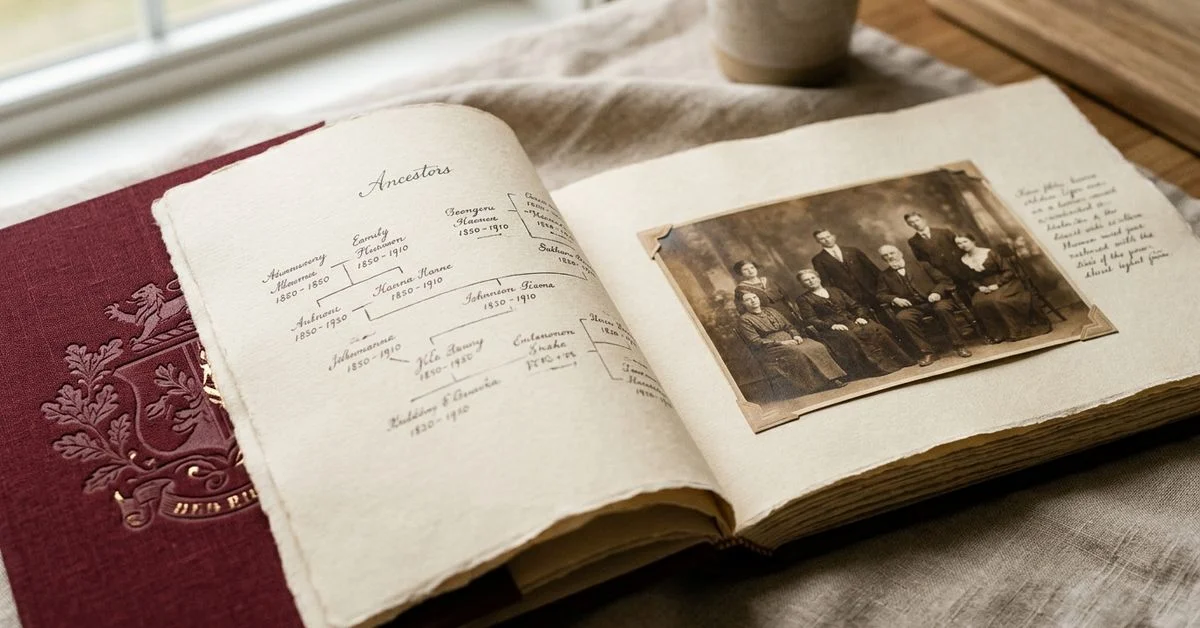 An open, cloth-bound heritage volume showing a family tree page and a tipped-in sepia photograph